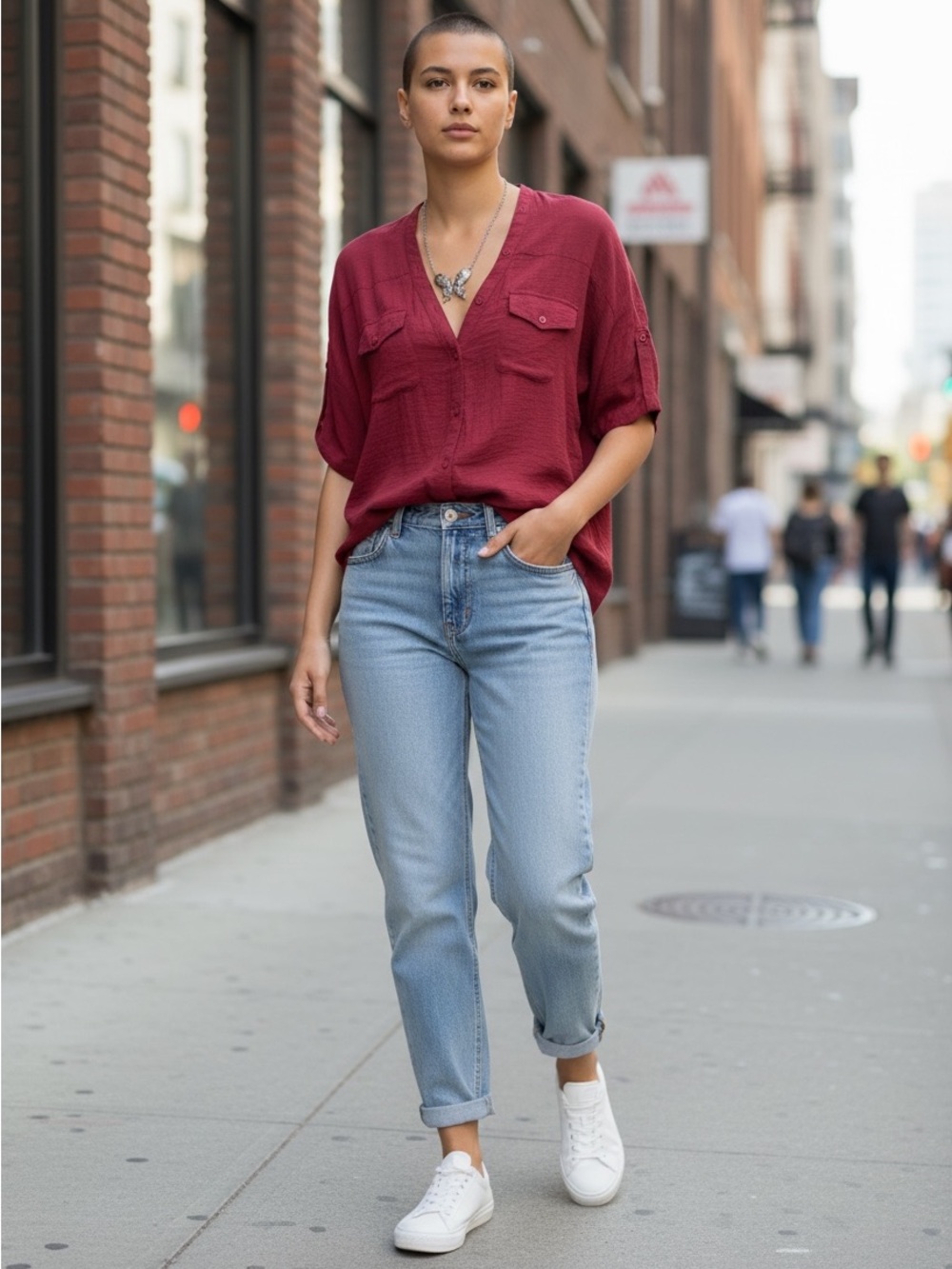 Fever Women's Deep Red V-Neck Button-Front Blouse